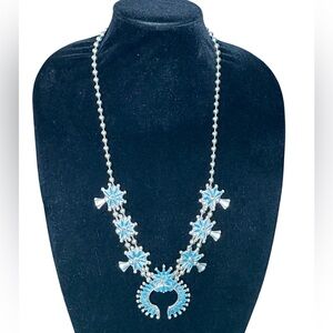 VINTAGE Squash Blossom Style Turquoise and Stainless Southwest  Boho Necklace
